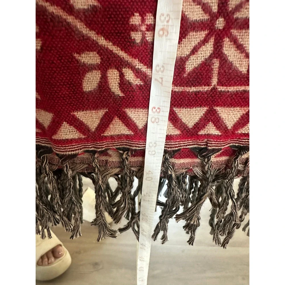 Boho Red Alpaca Print Knit Oversized Shawl Wrap Fringe Trim Festive Reversible